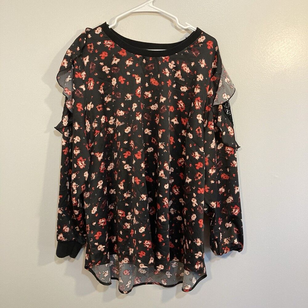 Lane Bryant Women’s Plus Size 26/28 Floral Blouse Hi-Low Cold Shoulder Black